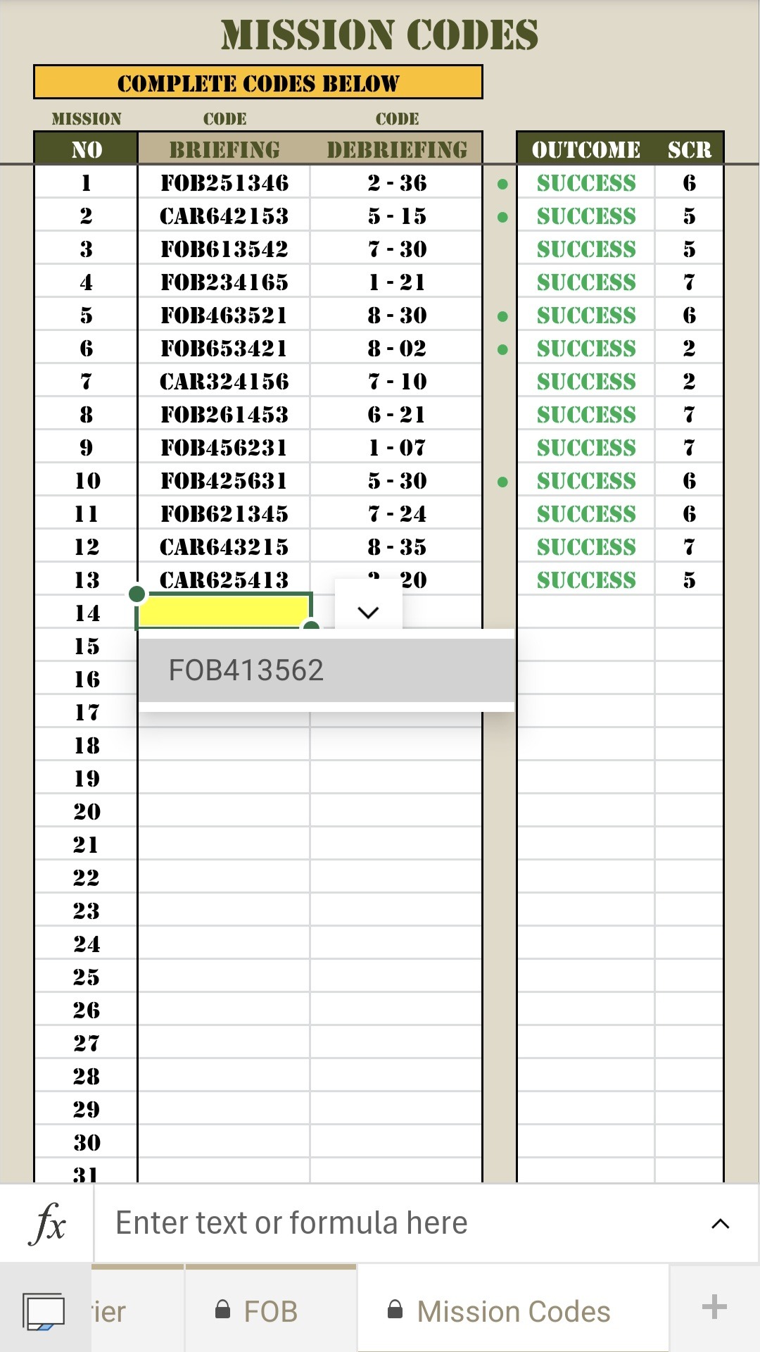 Military Excel Game - Mission Codes 3