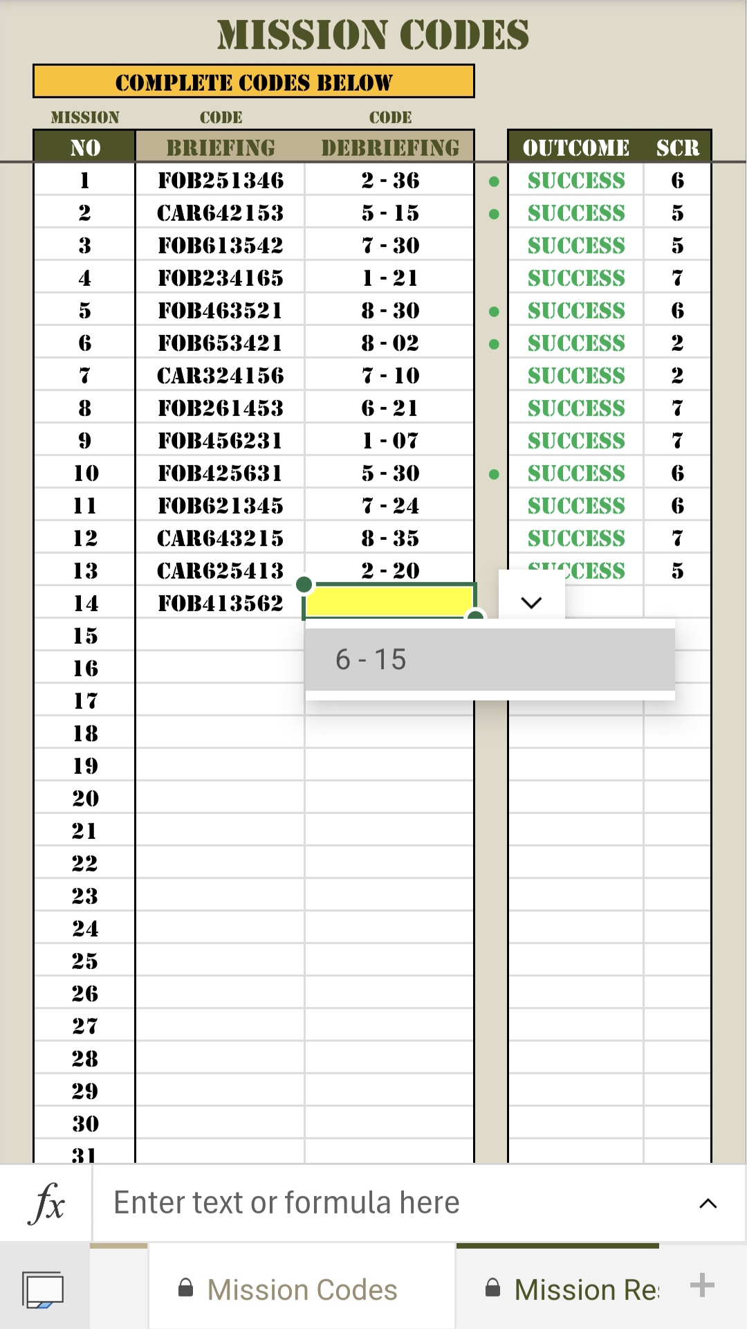 Military Excel Game - Mission Codes 4