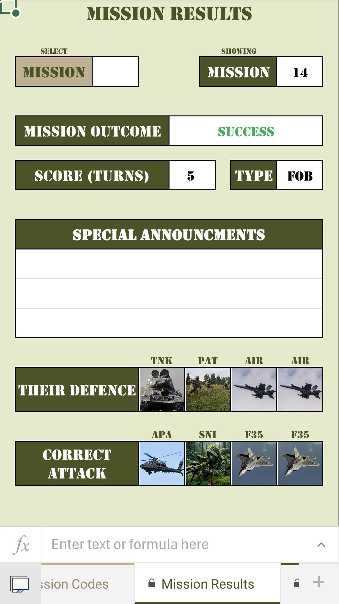Military Excel Game - Mission Results 2
