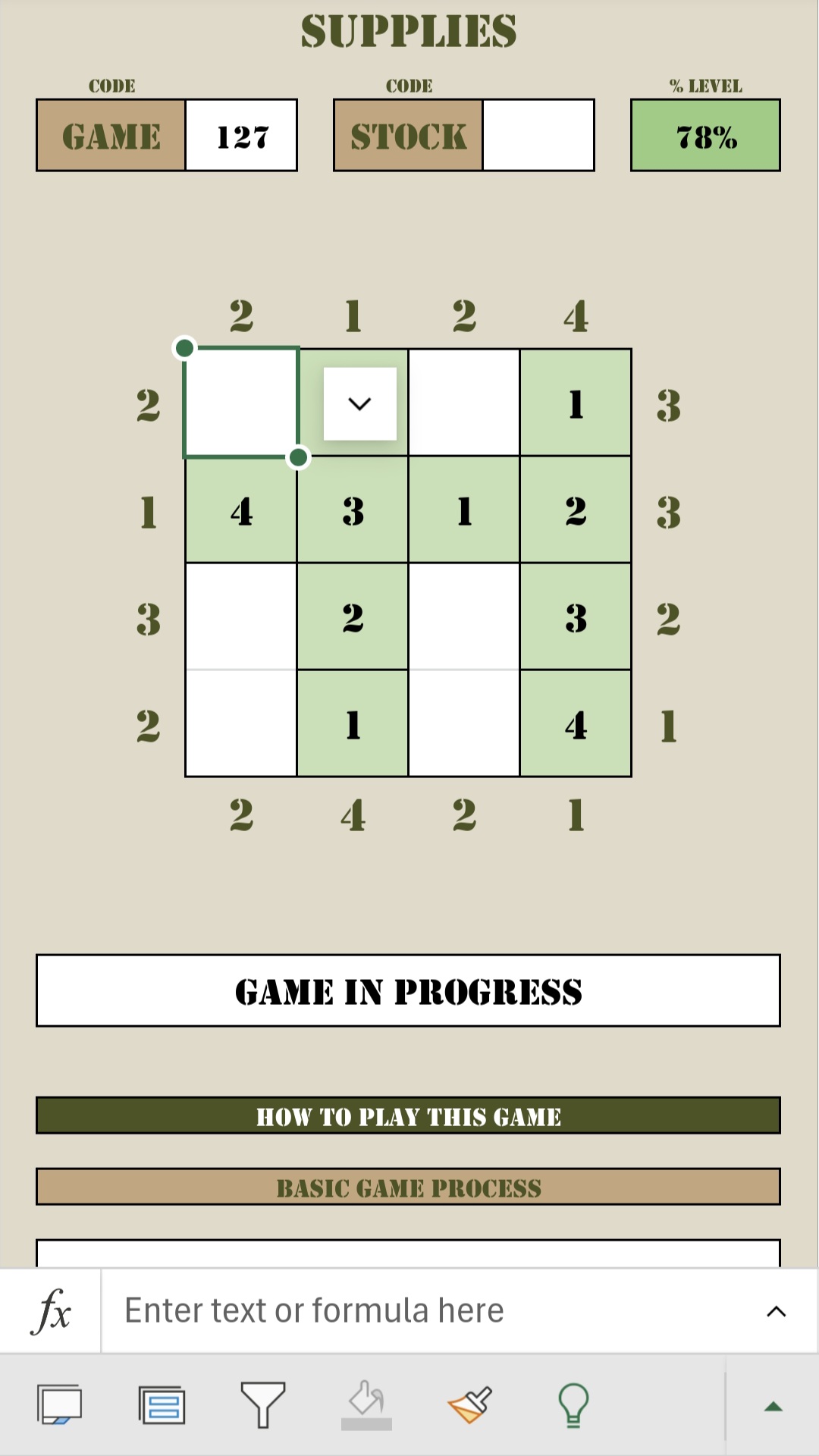 Military Excel Game - Supplies 1
