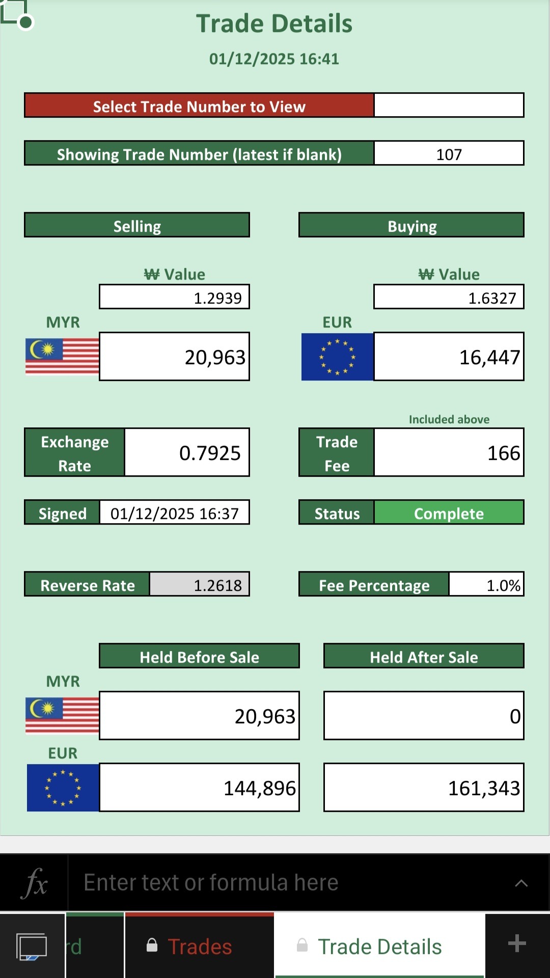 Mobile-friendly Spreadsheets - Trade Details